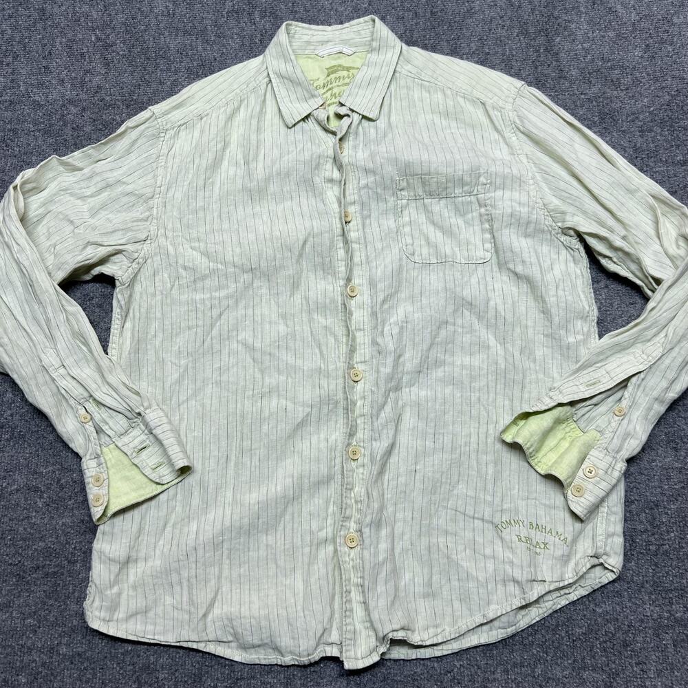 Tommy Bahama Shirt Mens Medium Green Striped Linen Button Front Long Sleeve